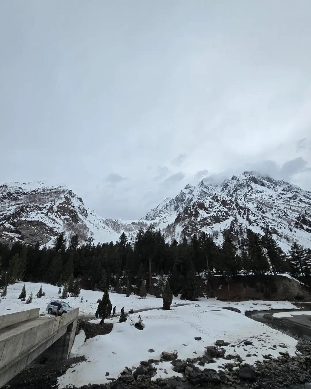 Snow-dusted pines and river in Naltar Valley near Gilgit