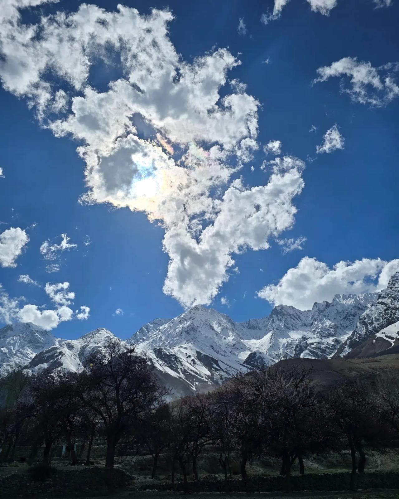 Tall poplar trees and dramatic clouds in Basho Valley, Skardu